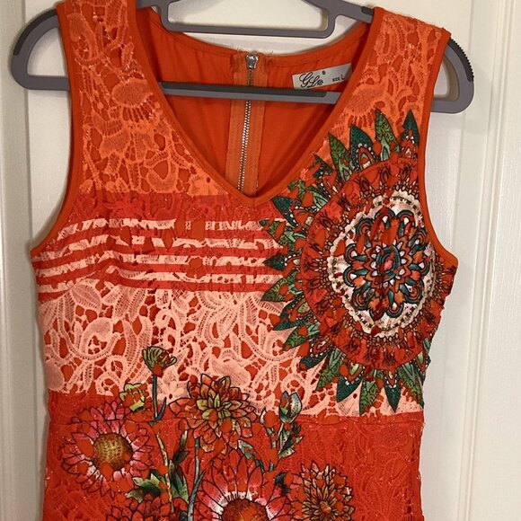 G L Women's Crochet Sleeveless Dress Orange Floral Fully Lined Colorful Tropical - Picture 2 of 9